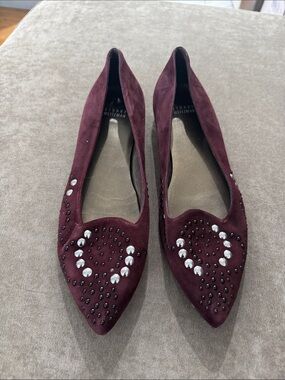 Stuart Weitzman Wine Burgundy Suede Pointed Toe Studded Flats
